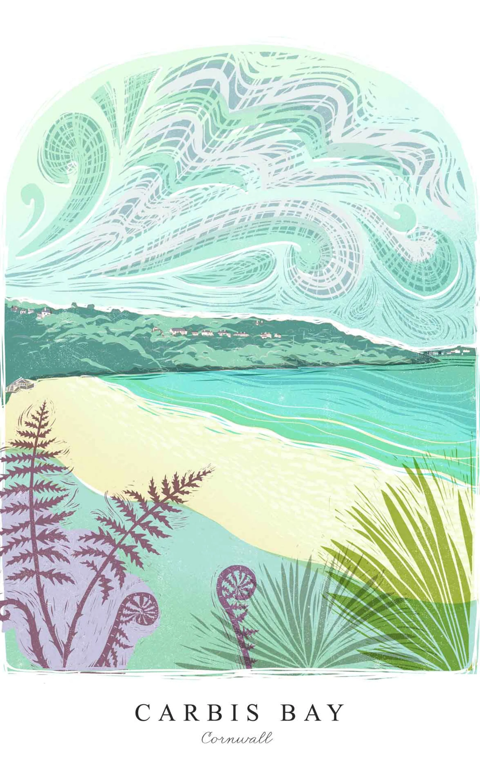 Cornwall|Travel*Whistlefish Carbis Bay Lino Large Framed Print