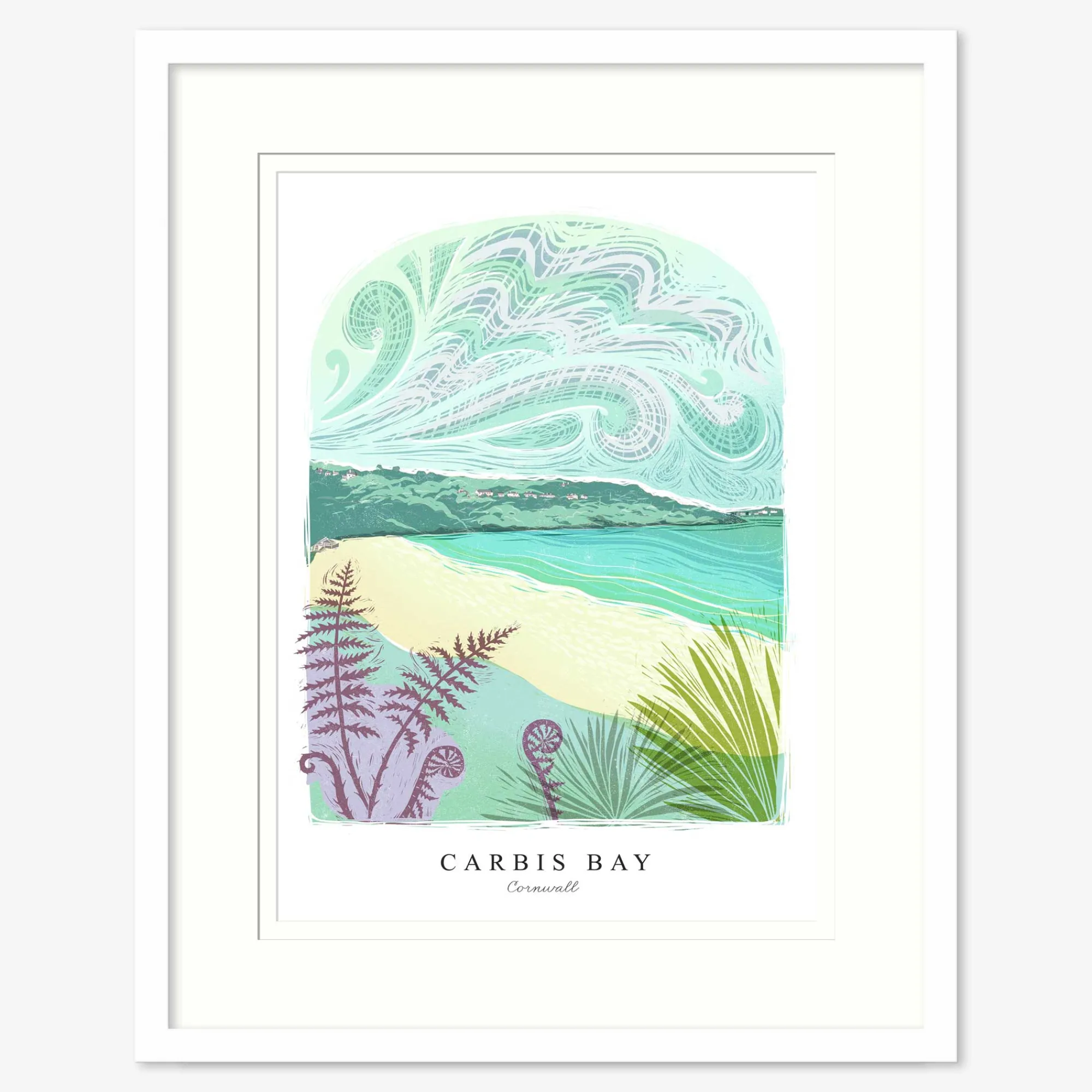 Cornwall|Lino*Whistlefish Carbis Bay Lino Small Framed Print