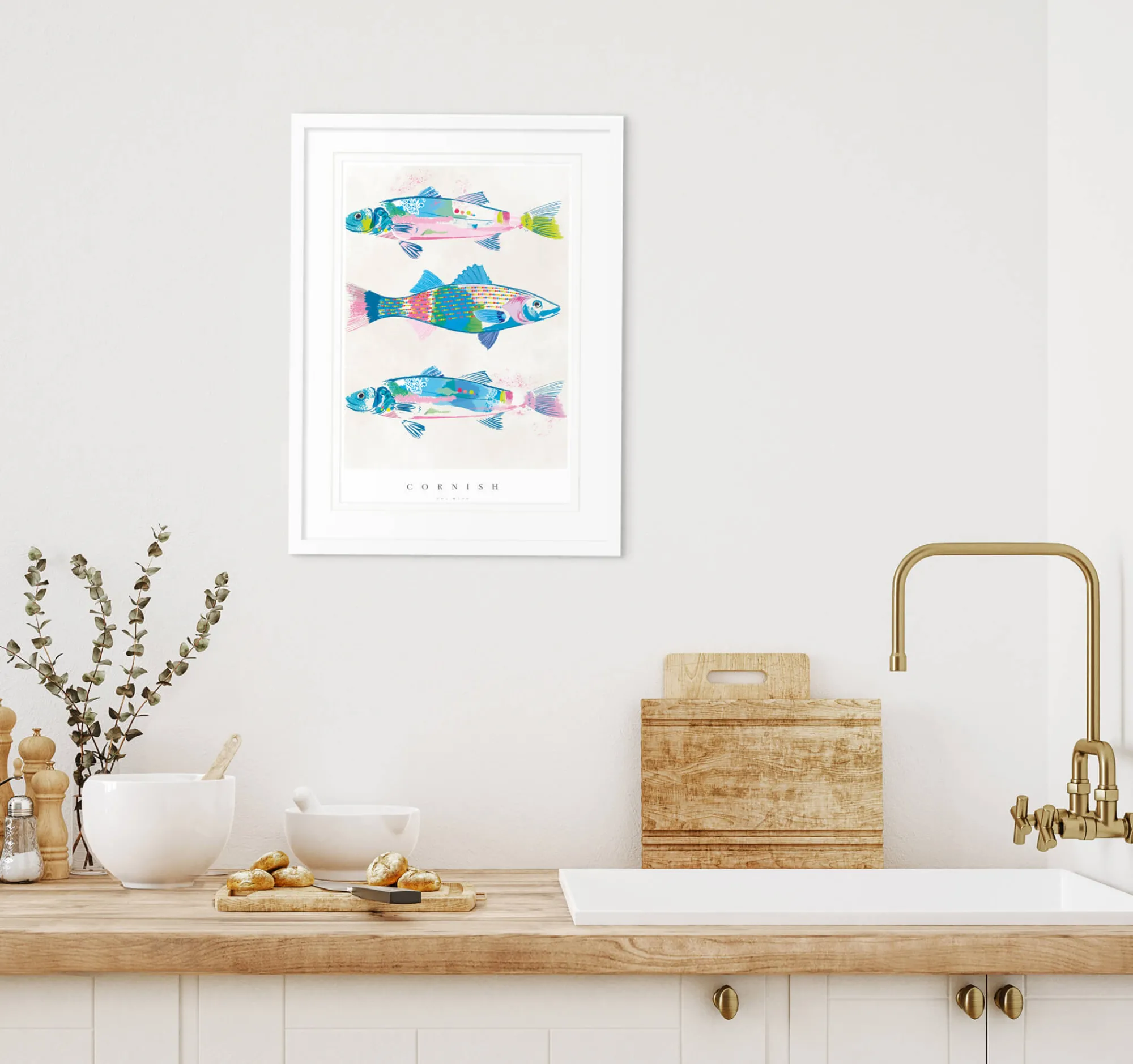Sea Creatures|Coastal Scenes*Whistlefish Cornish Sea Bass Medium Framed Print
