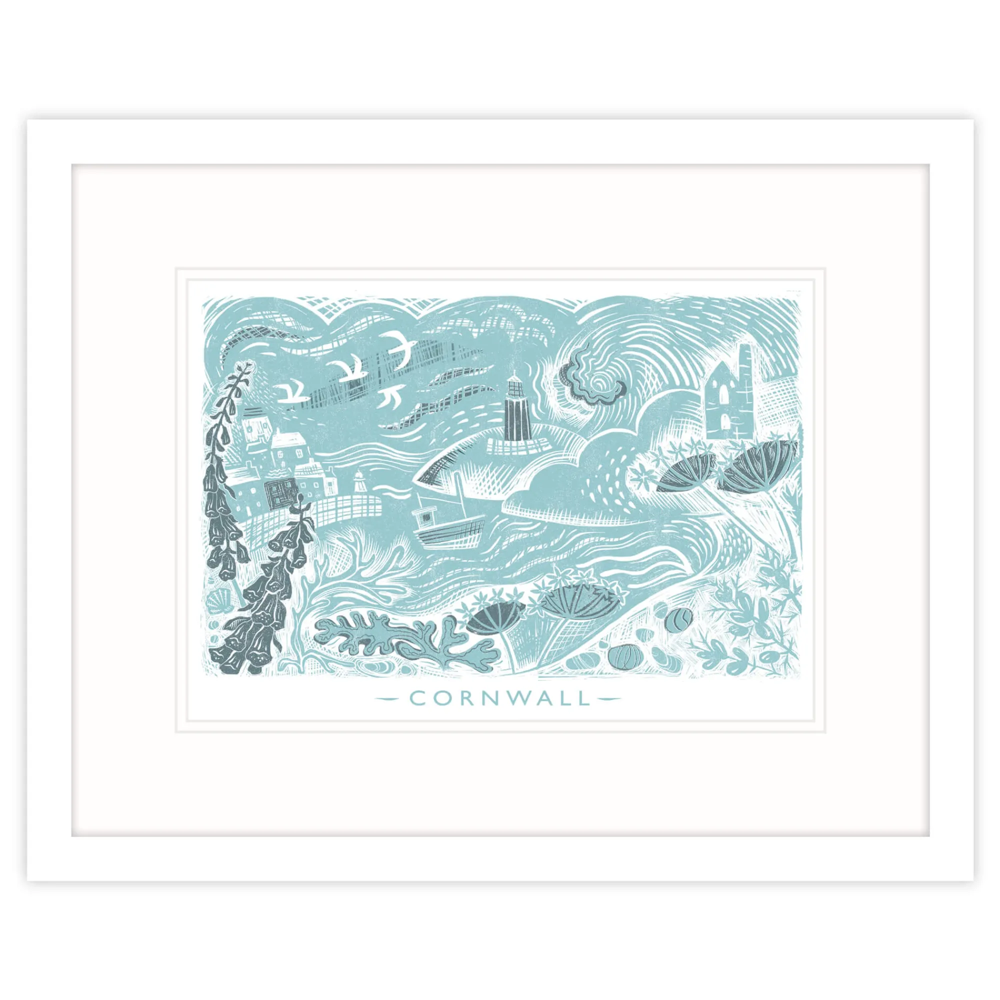 Cornwall|Coastal Scenes*Whistlefish Cornwall Lino Framed Print