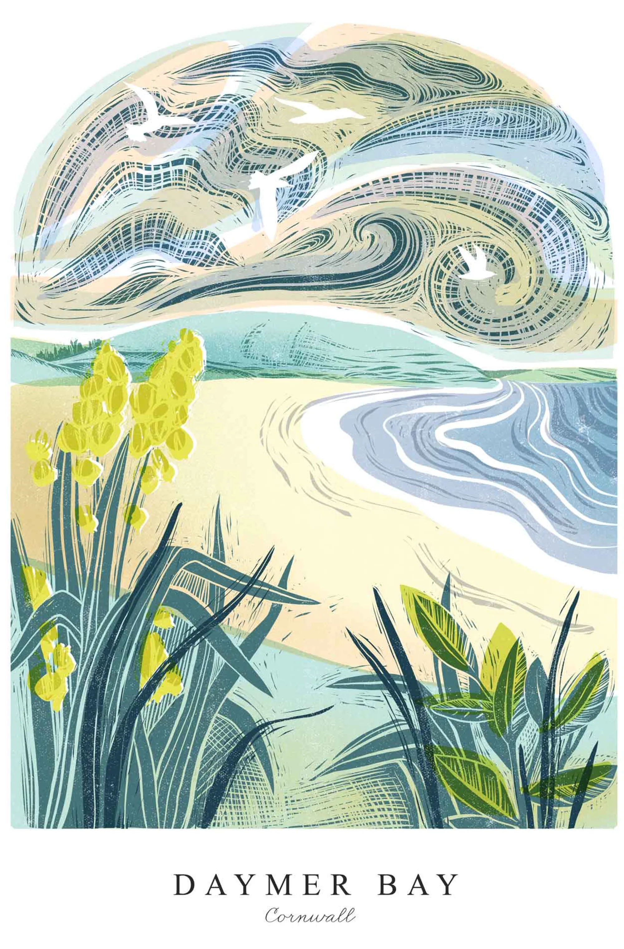 Cornwall|Travel*Whistlefish Daymer Bay Lino Large Framed Print