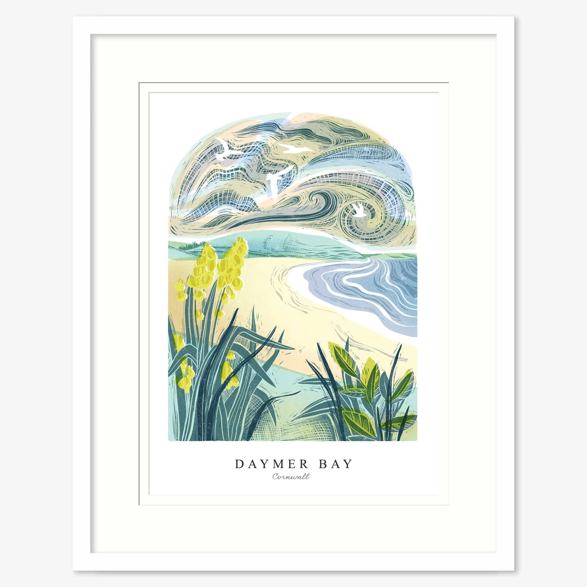 Cornwall|Lino*Whistlefish Daymer Bay Lino Small Framed Print