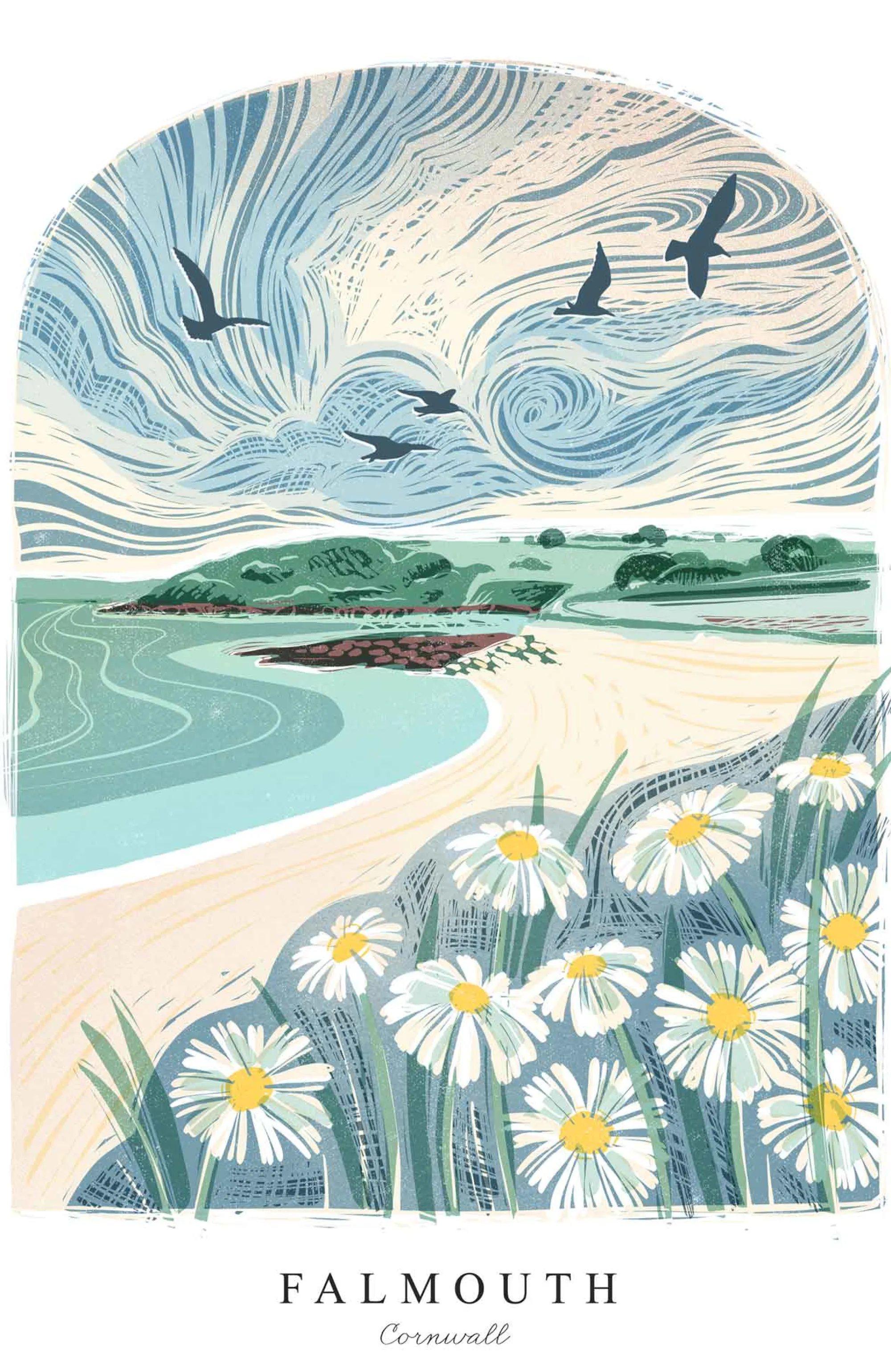 Falmouth|Cornwall*Whistlefish Falmouth Lino Small Framed Print