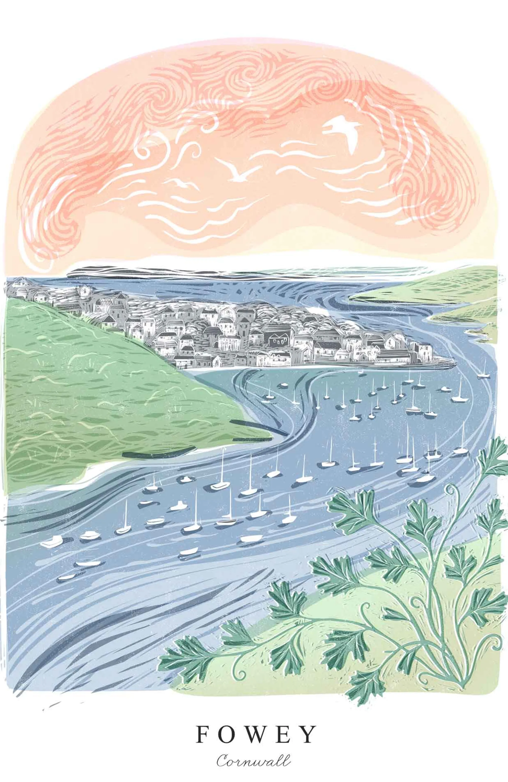 Fowey|Cornwall*Whistlefish Fowey Lino Large Framed Print