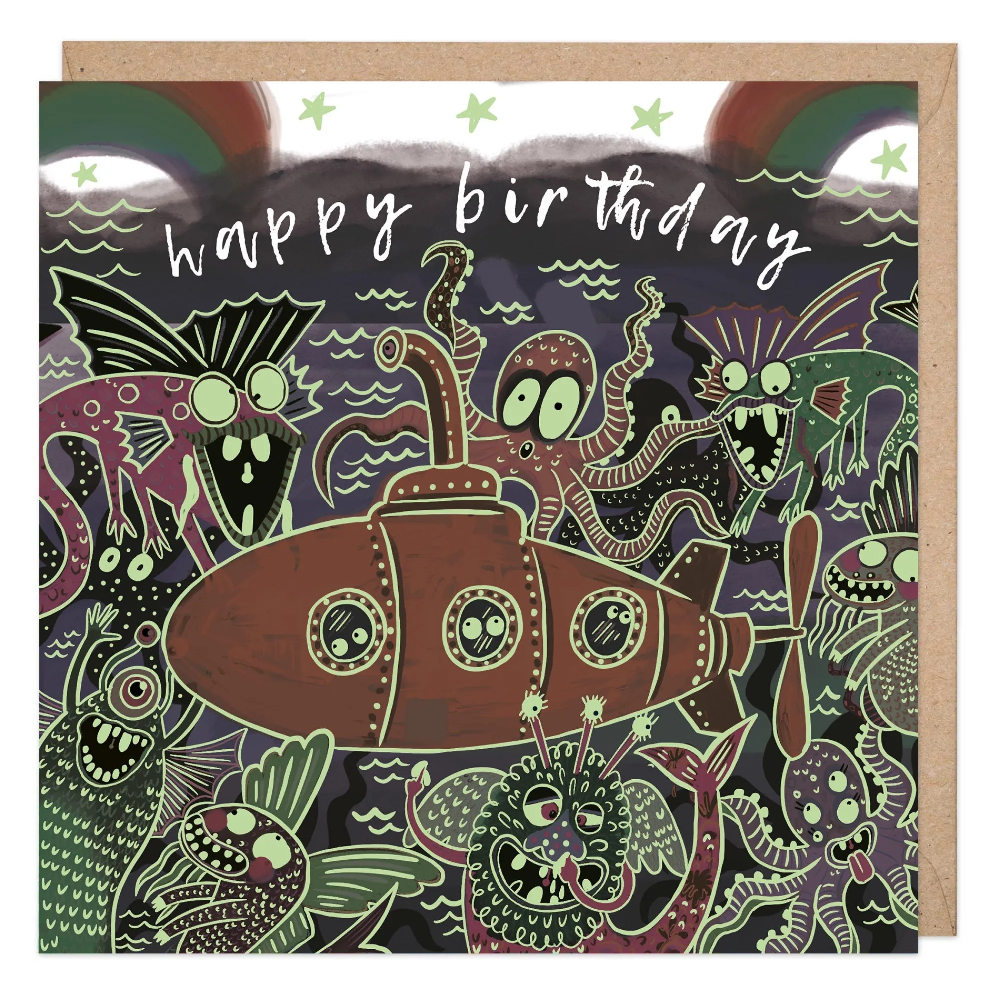 Birthday|For Children*Whistlefish Glow In The Dark Sea Monsters Birthday Card