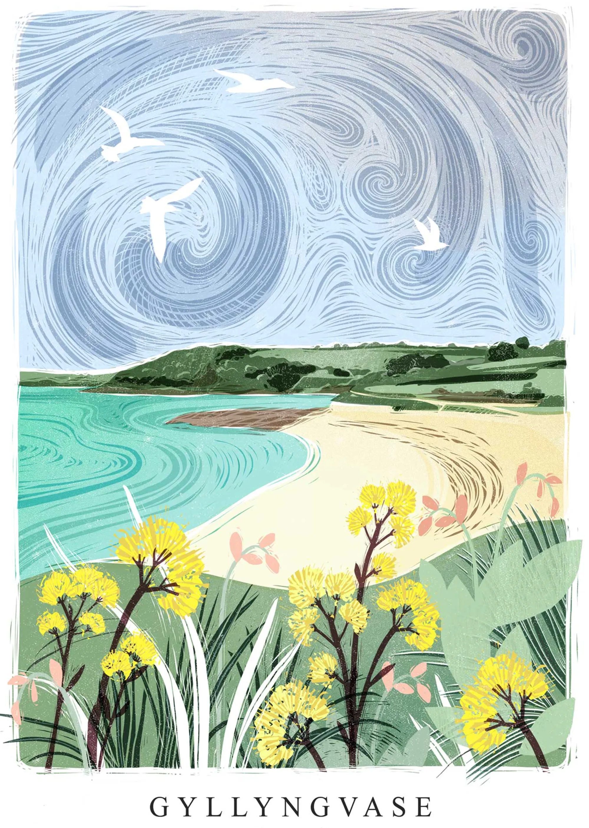 Cornwall|Travel*Whistlefish Gyllyngvase Lino Large Framed Print