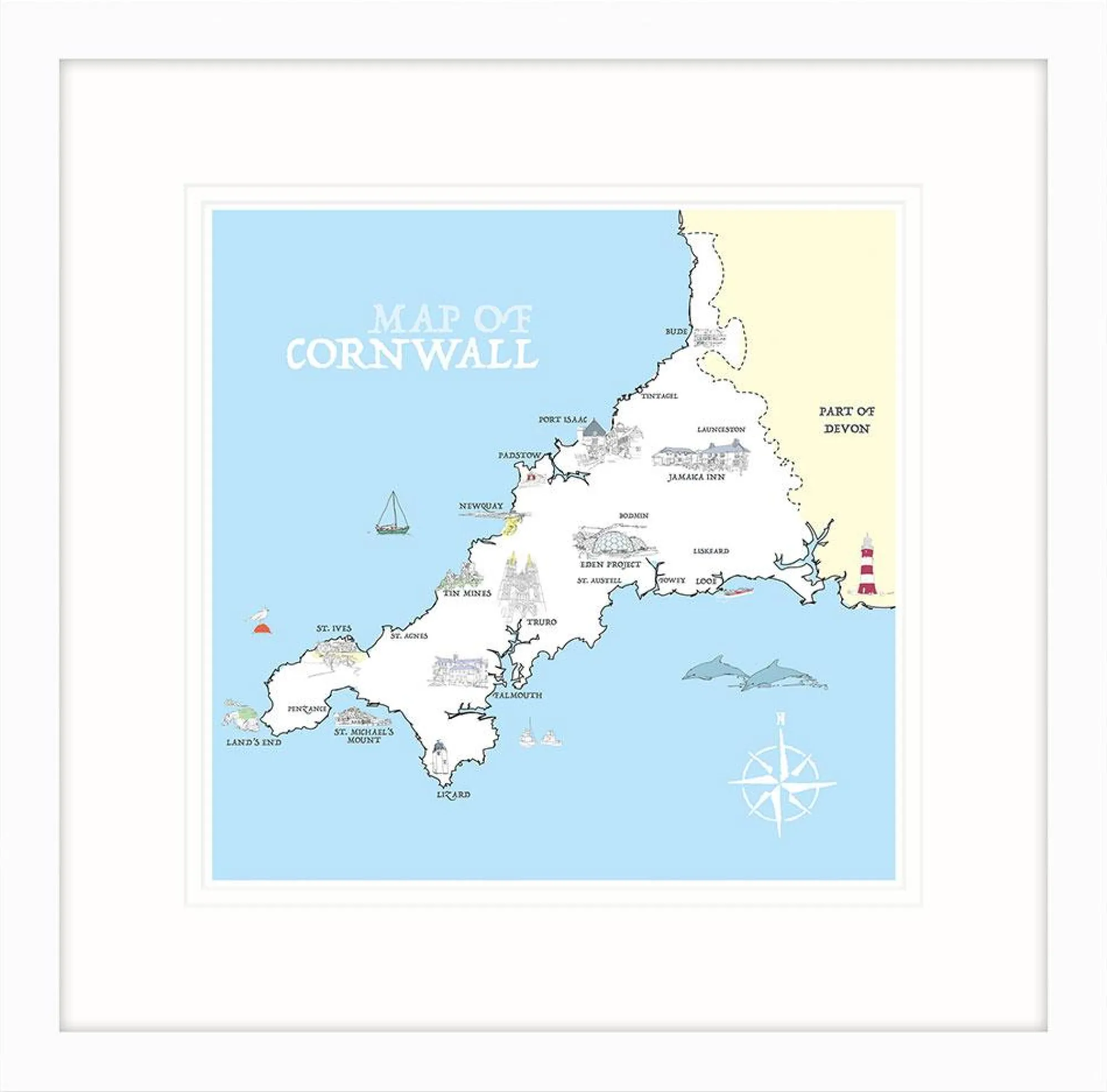 Framed Prints*Whistlefish Map Of Cornwall Framed Print