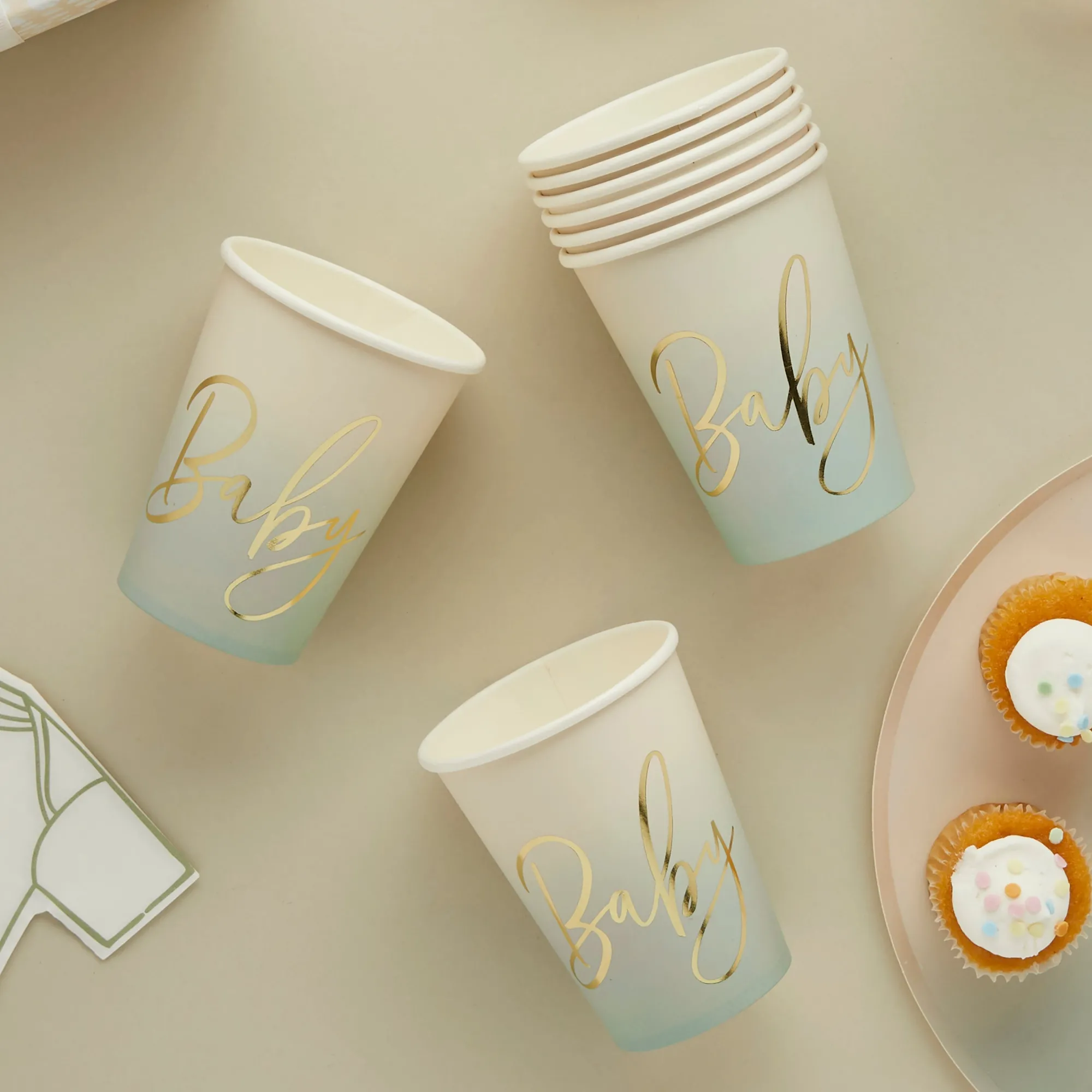 Paper Cups|Baby Shower*Whistlefish Neutral Sage 'Baby' Paper Cups 8pcs