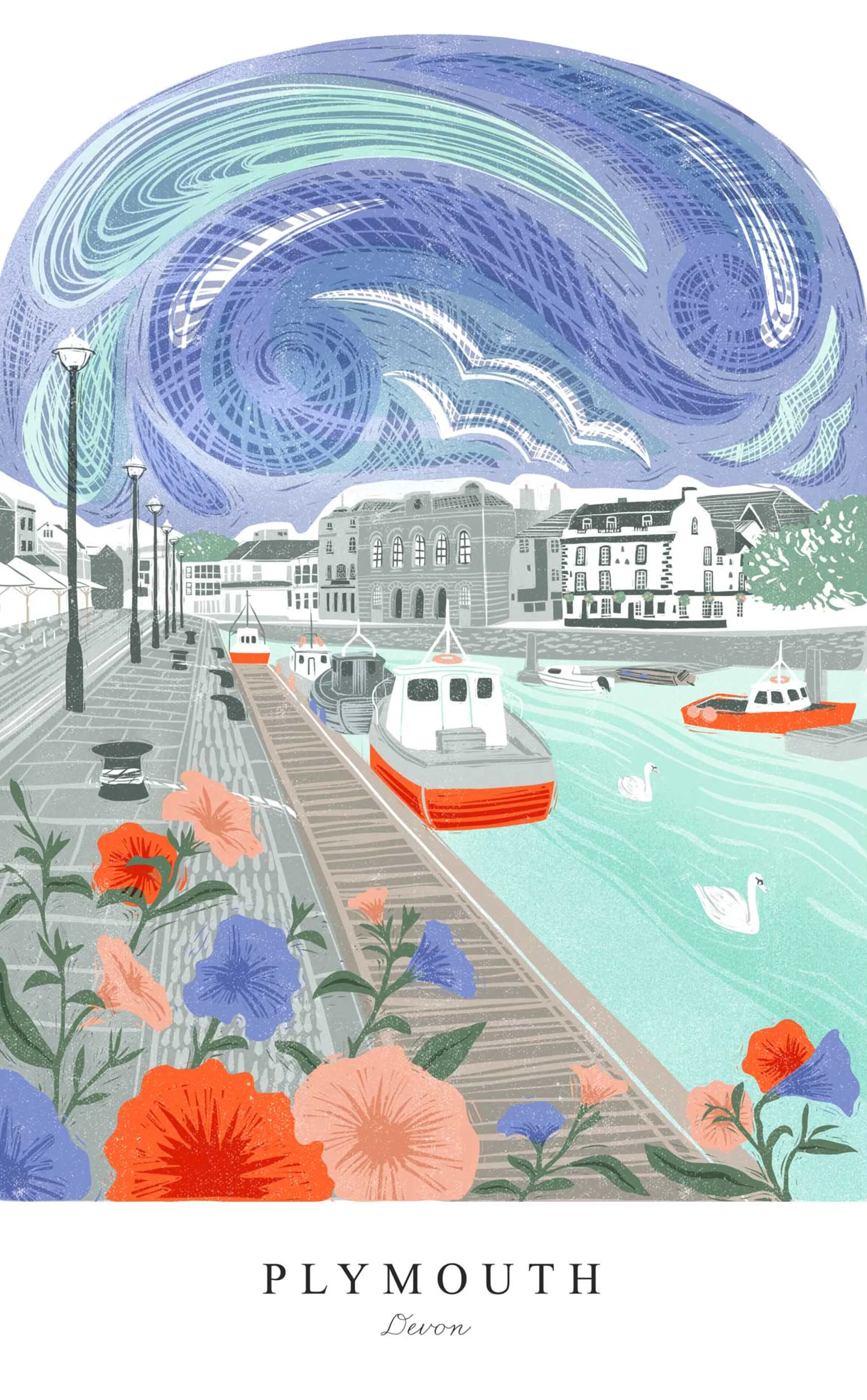 Devon|Lino*Whistlefish Plymouth Lino Small Framed Print