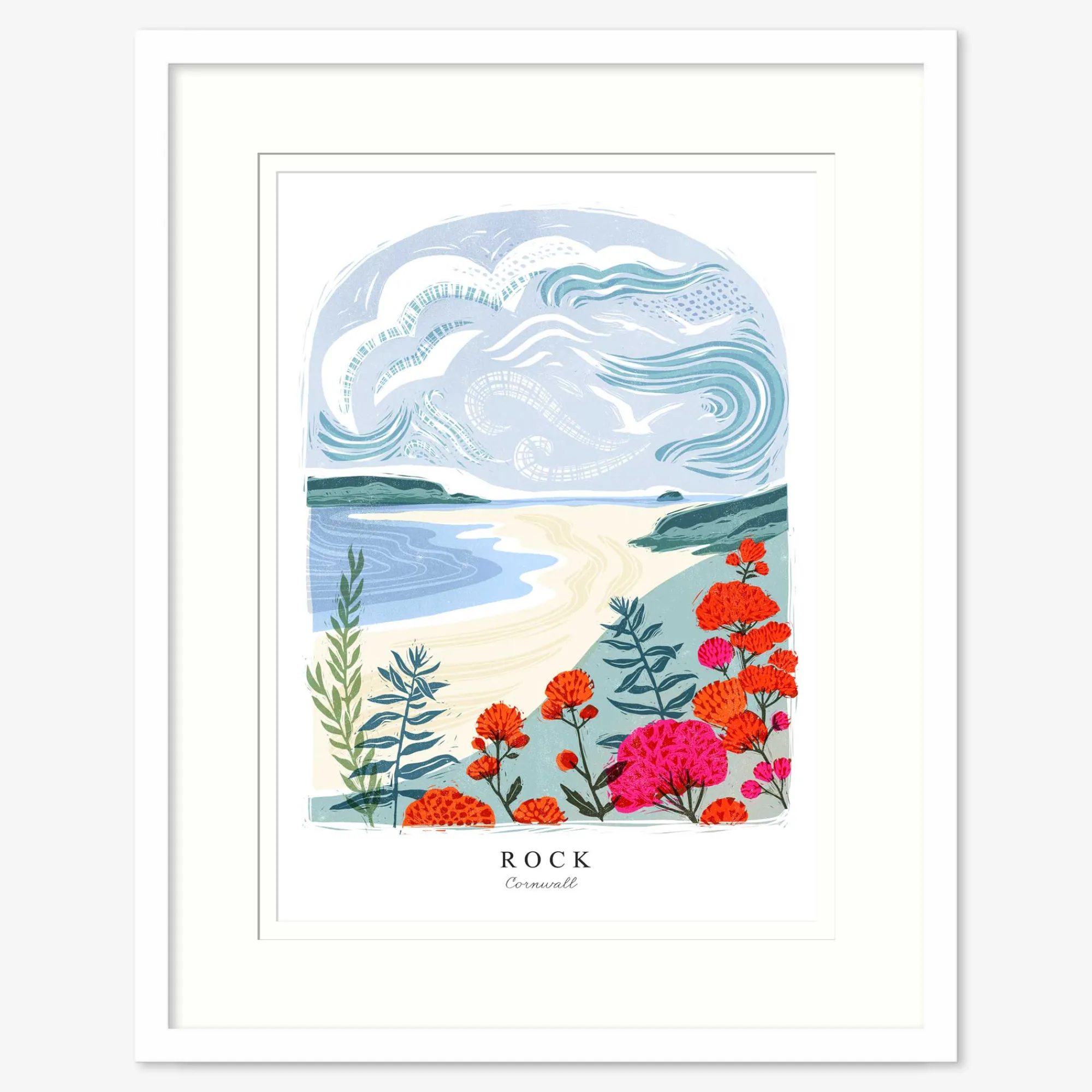 Cornwall|Travel*Whistlefish Rock Lino Large Framed Print