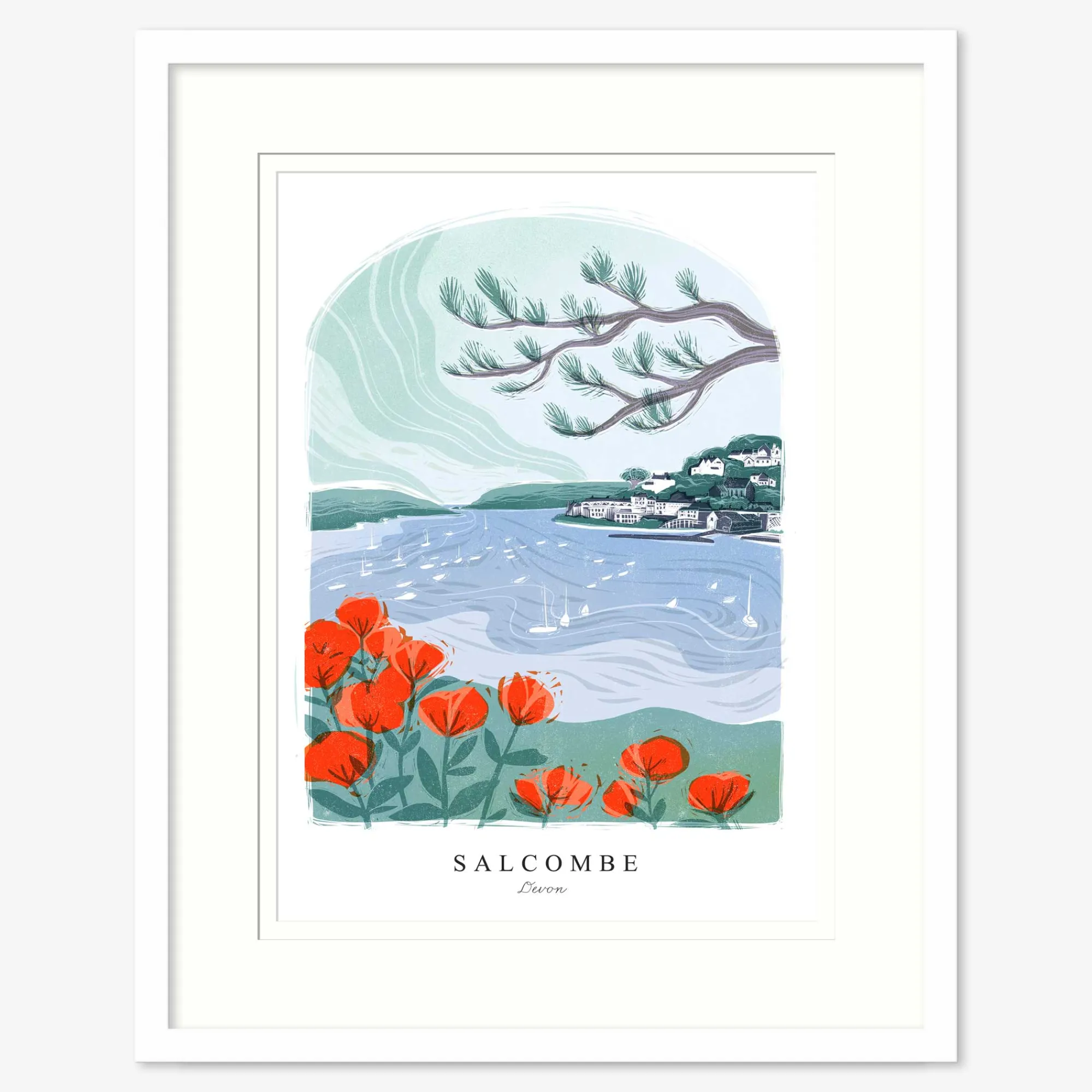 Salcombe|Devon*Whistlefish Salcombe Lino Large Framed Print