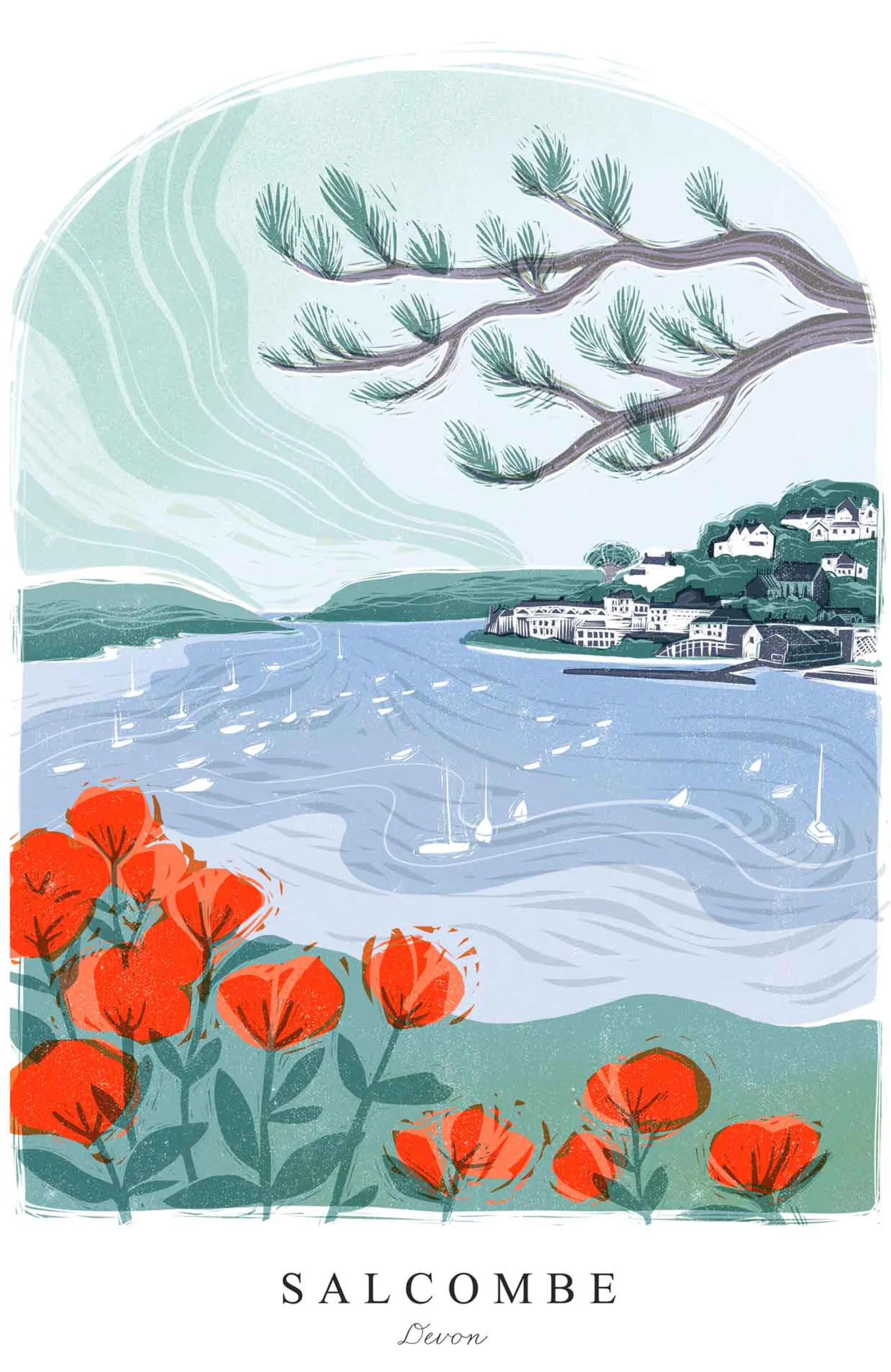 Salcombe|Devon*Whistlefish Salcombe Lino Large Framed Print