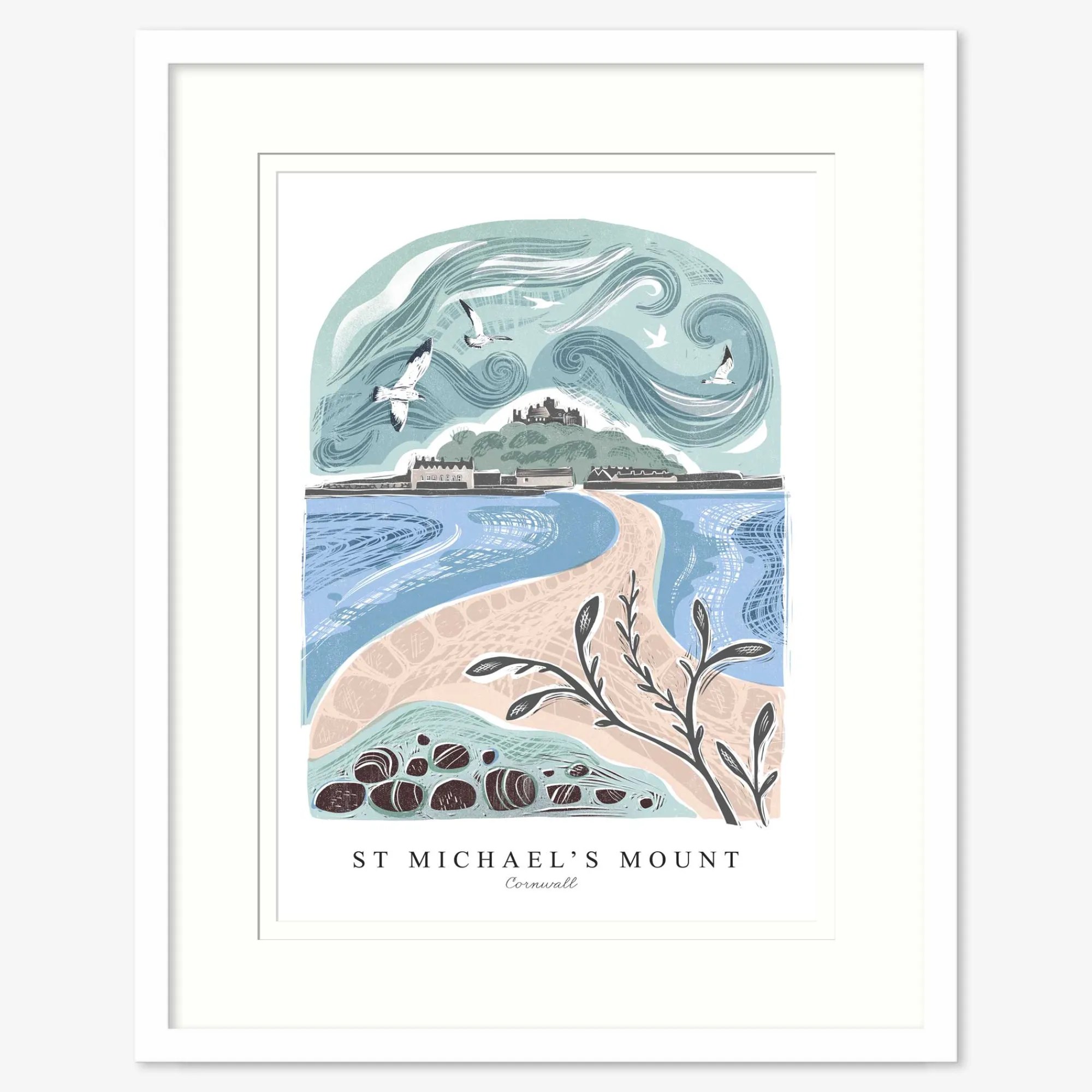 Cornwall|Travel*Whistlefish St Michael's Lino Large Framed Print