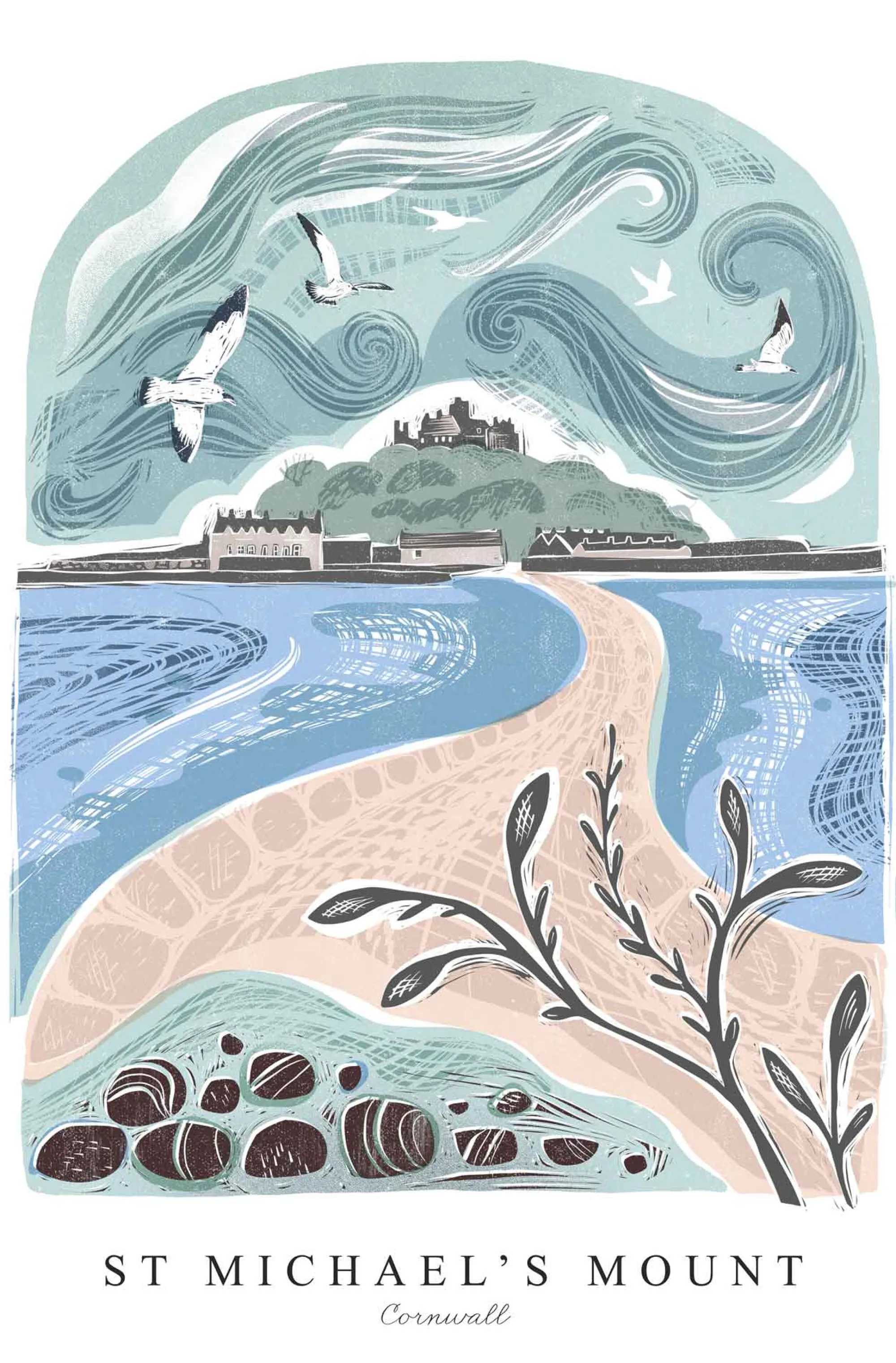 Cornwall|Travel*Whistlefish St Michael's Lino Large Framed Print