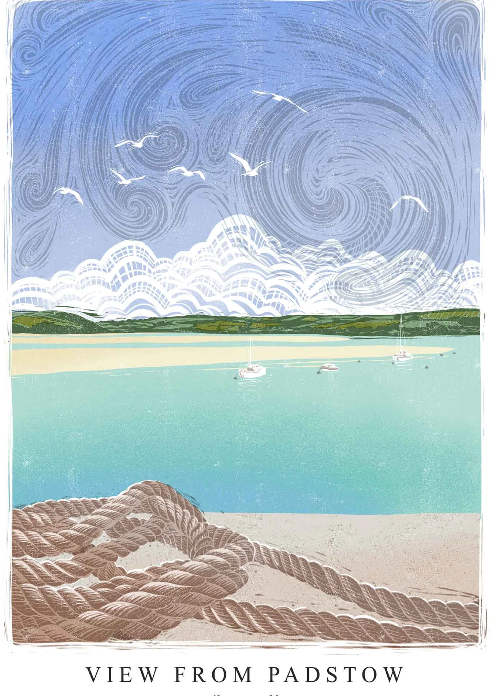 Padstow|Cornwall*Whistlefish View From Padstow Lino Large Framed Pr.